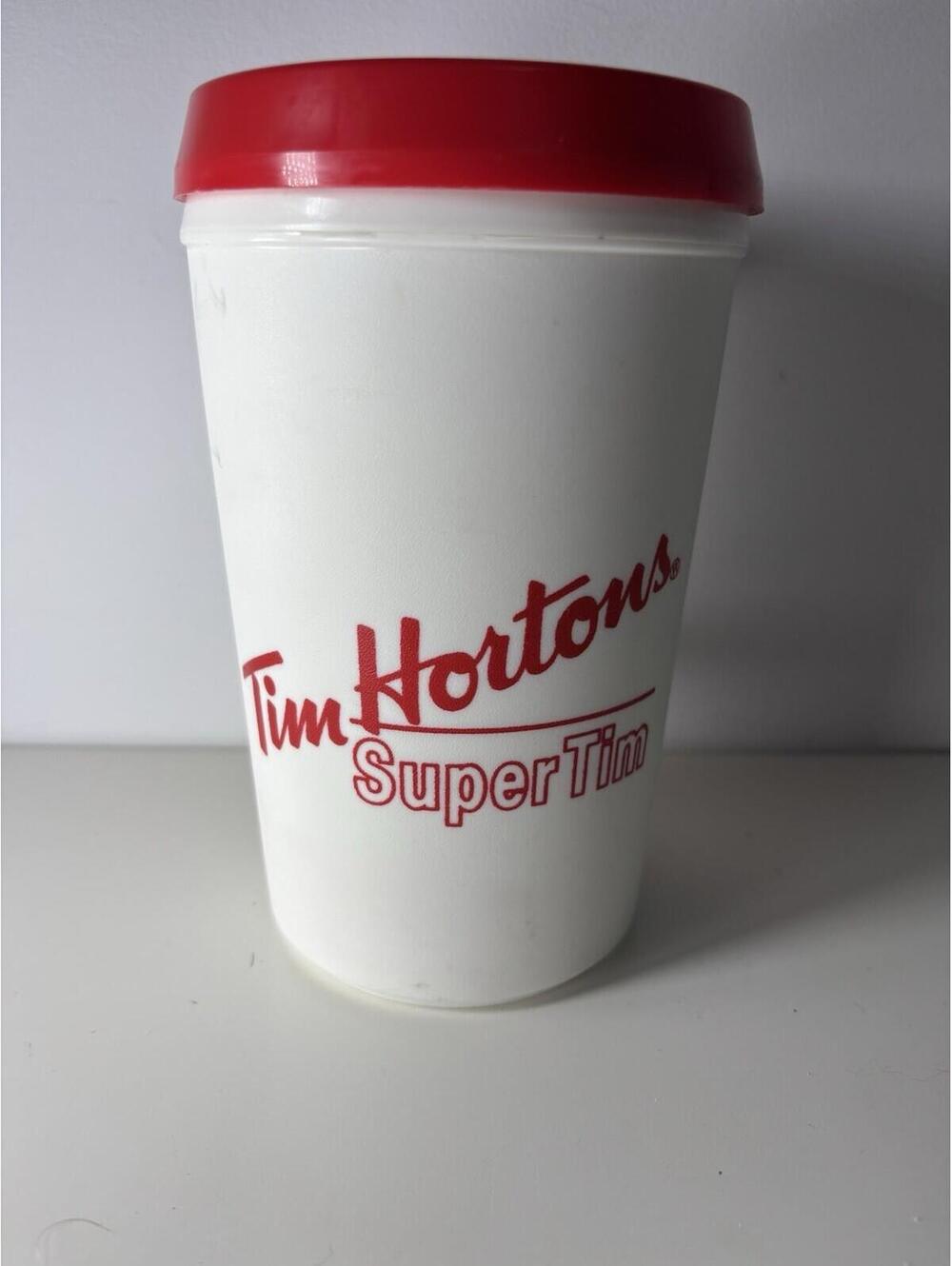 Vintage Tim Hortons Always Fresh Bilingual Plastic Travel Cup Mug White Red Lid